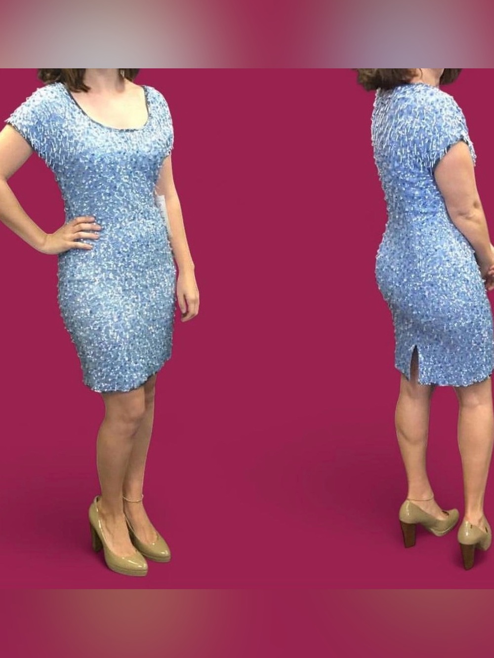 Blue and silver beaded cockt dress